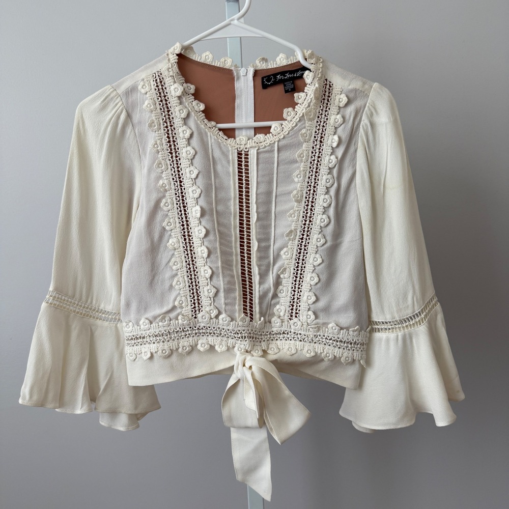 For Love & Lemons sz S White Crop Blouse Fairy Lace Bell Sleeve Tie Cottage